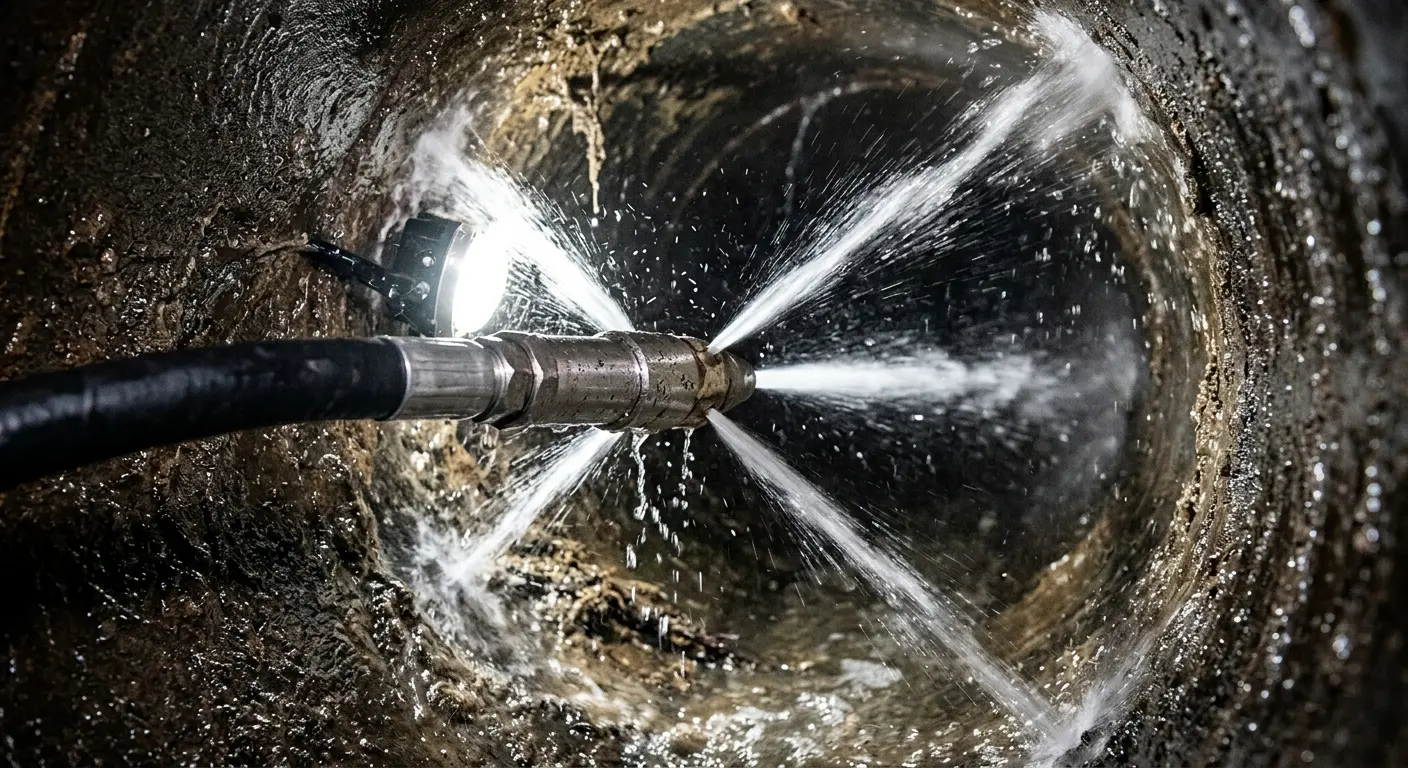 High-pressure hydro jetting nozzle cleaning sewer pipe for Emergency Drain Service in Oakfield