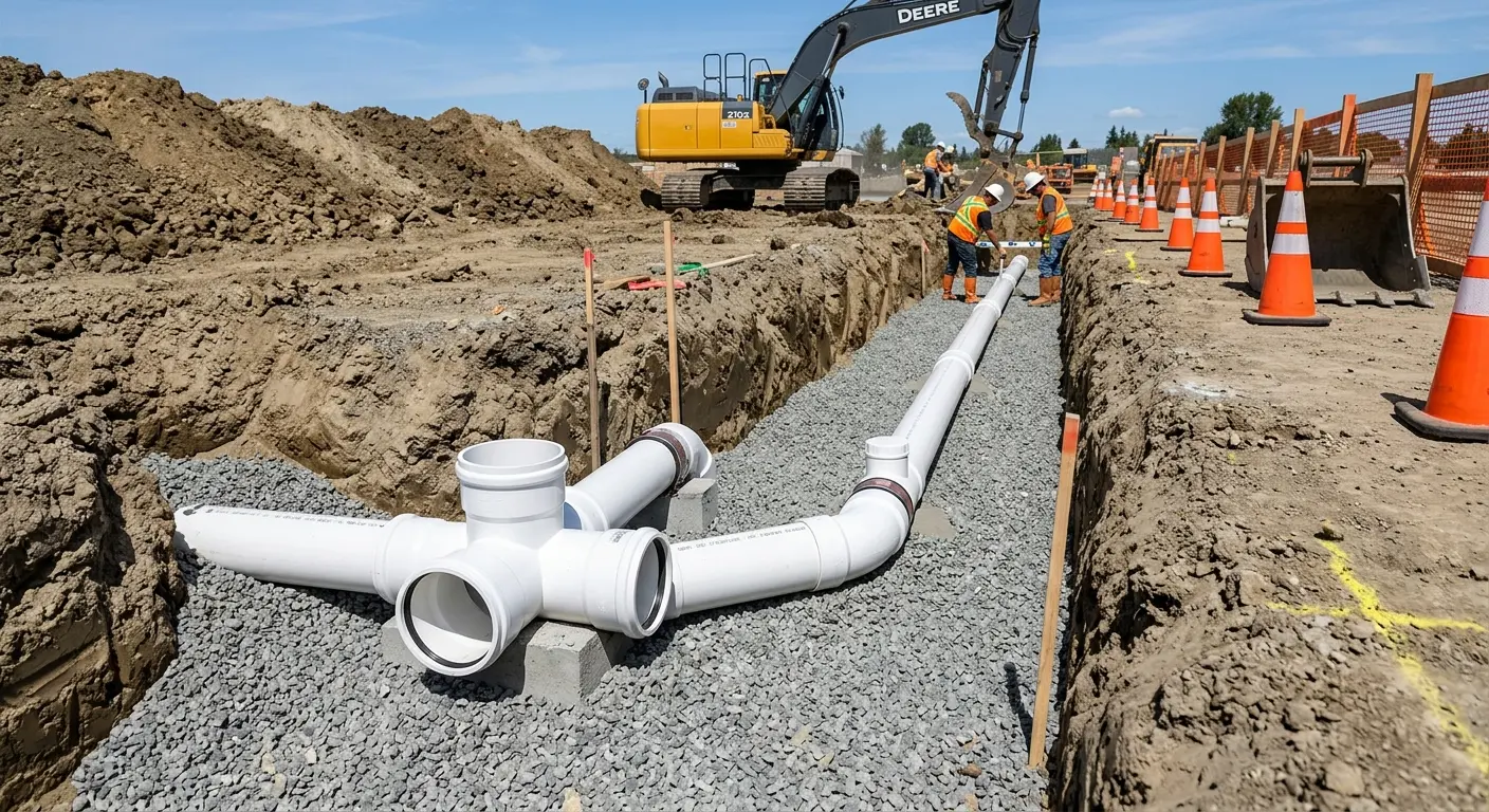 New PVC sewer pipe installation in open trench for Sewer Backup in Oakfield