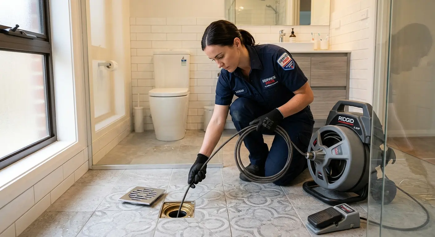 Technician clearing a bathroom floor drain for Drain Cleaning in Oakfield
